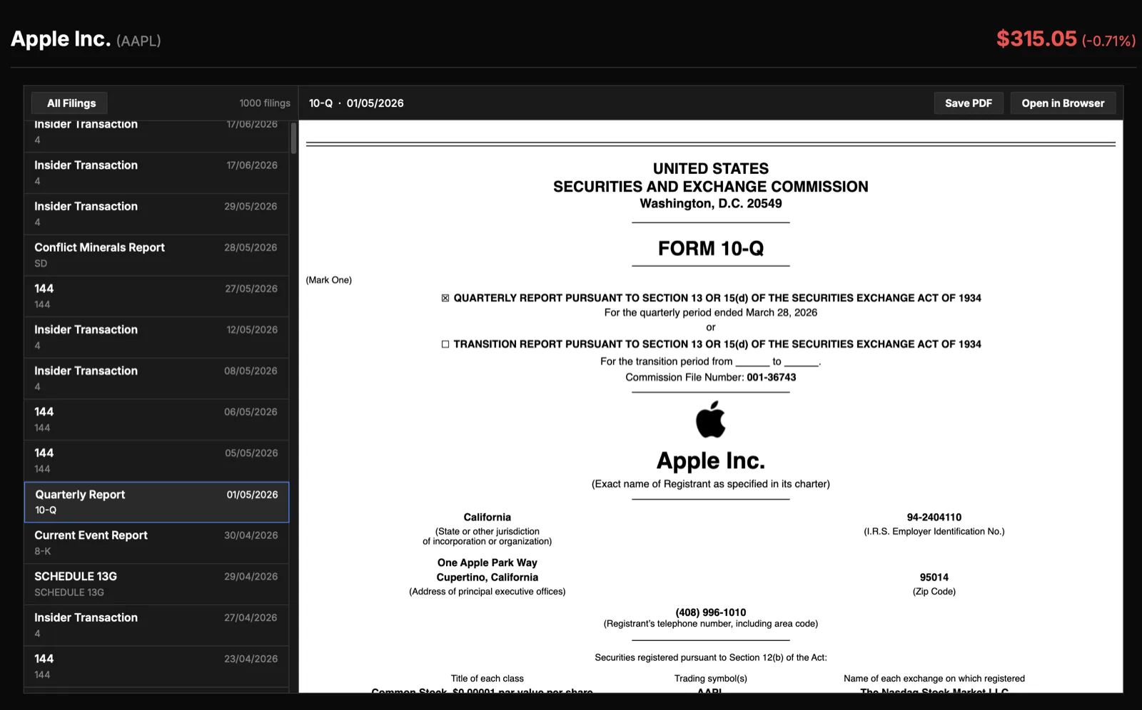 Equity Dashboard · Filings screenshot