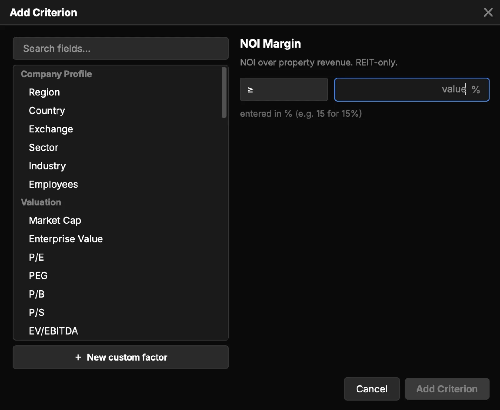 The Add Criterion dialog: choose a field, set an operator, and enter a value.