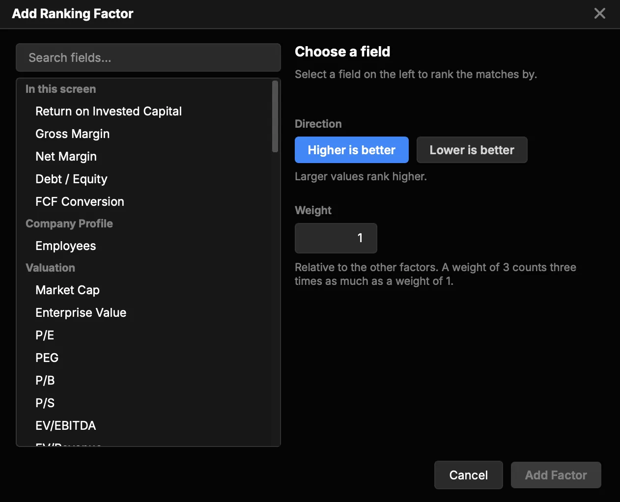 The Add Ranking Factor dialog: choose a field, set a direction, and give it a weight.
